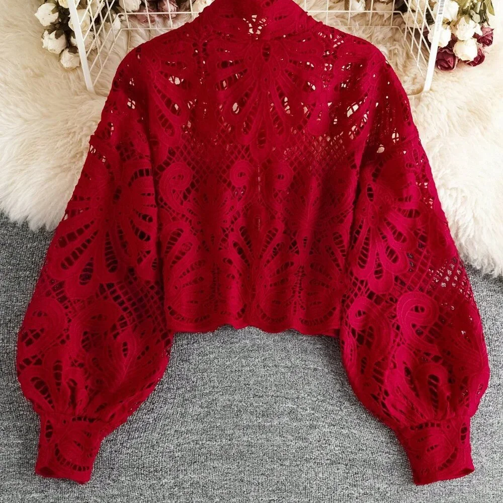Red Elegant Women's Stand-Up Collar Lace Loose Lantern Long-Sleeved Shirt